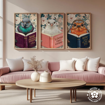 Funny Dove Reading Book Art – Quirky Bird Lover Wall Decor