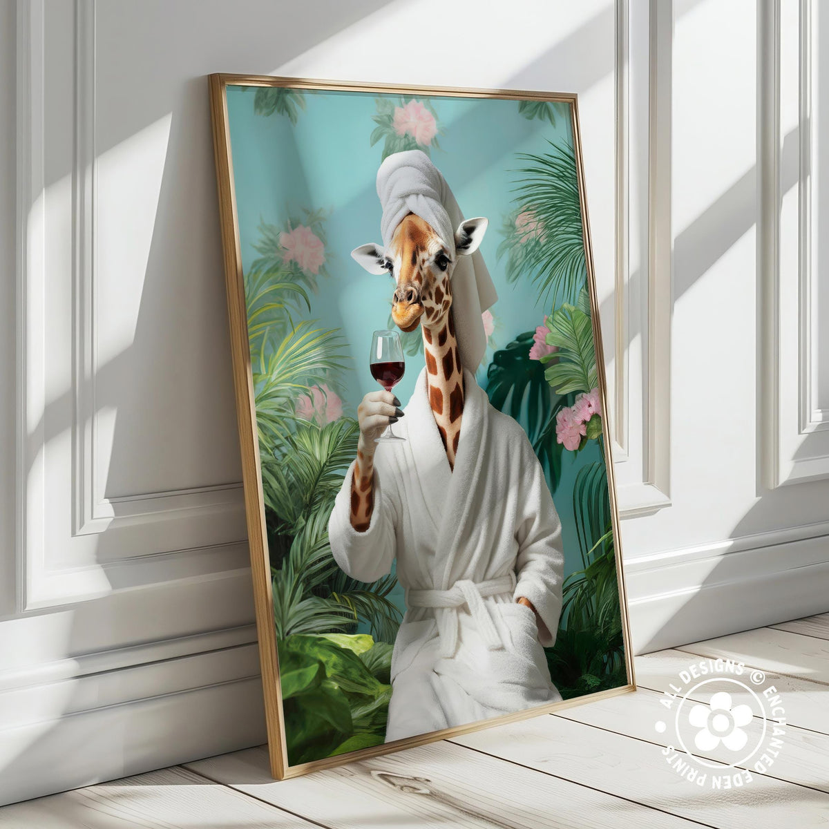 Funny Giraffe in Robe Poster – Tropical Bathroom Wall Art