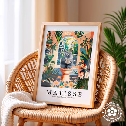 A framed illustration of a cat sitting on a toilet surrounded by tropical plants, with the word "MATISSE" written below the image.