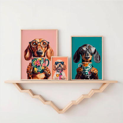 a couple of pictures of a dog on a shelf