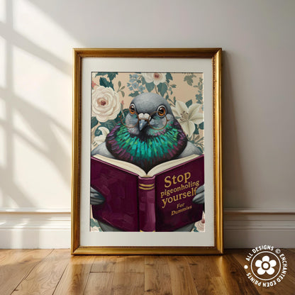 Funny Pigeon Reading Book Art – Quirky Bird Lover Wall Decor