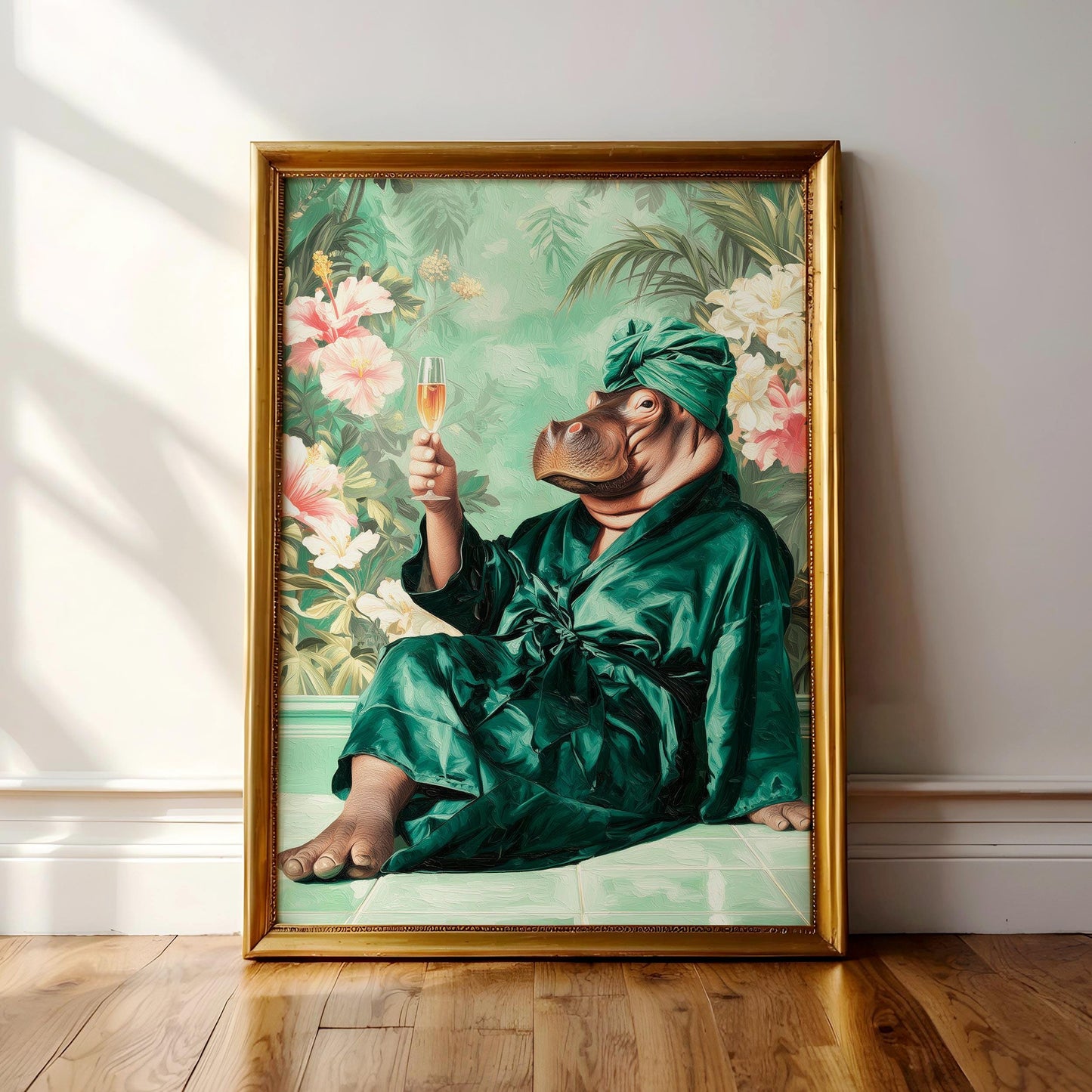 A painting of a hippopotamus wearing a green robe and holding a glass of wine, set against a tropical background with pink and white flowers.