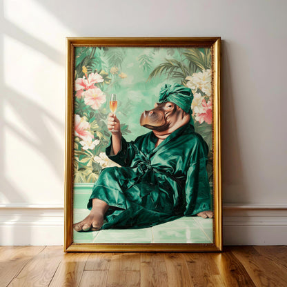A painting of a hippopotamus wearing a green robe and holding a glass of wine, set against a tropical background with pink and white flowers.