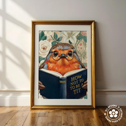 Funny Robin Reading Book Art – Quirky Bird Lover Wall Decor