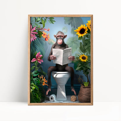 A monkey sitting on a toilet and reading a newspaper, surrounded by tropical plants and flowers.
