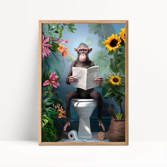 A monkey sitting on a toilet and reading a newspaper, surrounded by tropical plants and flowers.
