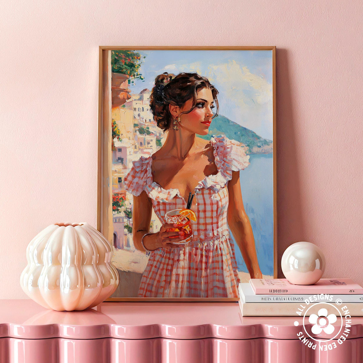 a framed painting of a woman in a pink and white checkered dress, holding a drink, with a pink wall and a vase in the foreground.