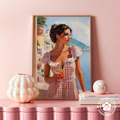 a framed painting of a woman in a pink and white checkered dress, holding a drink, with a pink wall and a vase in the foreground.