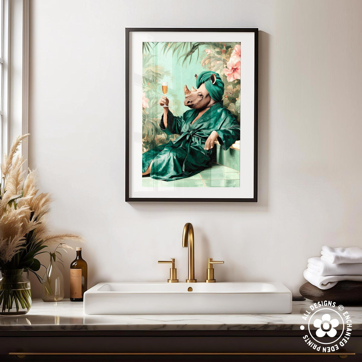 a framed painting of a rhinoceros wearing a green robe and holding a glass of wine, sitting on a bench in a tropical setting.