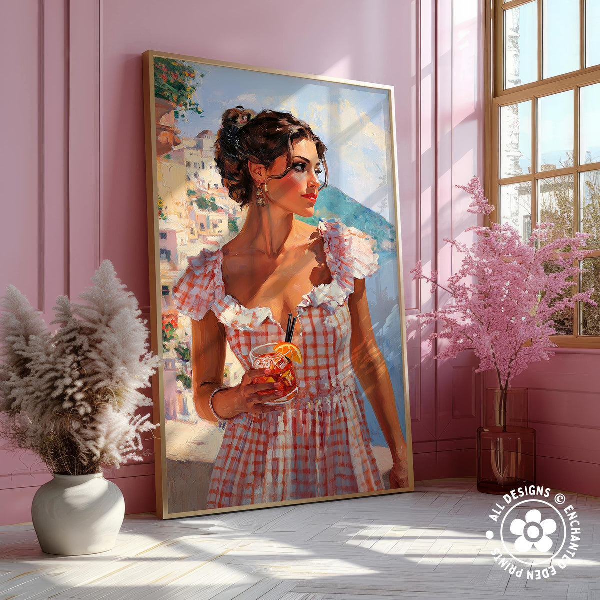 a large painting of a woman in a pink and white checkered dress, holding a glass of what appears to be a cocktail, with a pink floral arrangement to her right.