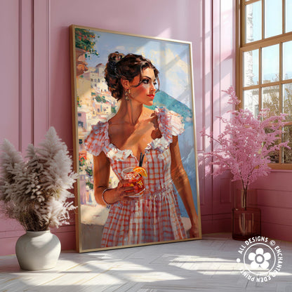 a large painting of a woman in a pink and white checkered dress, holding a glass of what appears to be a cocktail, with a pink floral arrangement to her right.