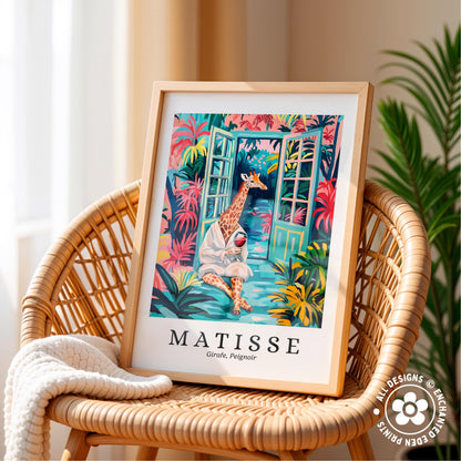 A framed print of a giraffe in a tropical setting, with a colorful and vibrant illustration, is displayed on a wicker chair.