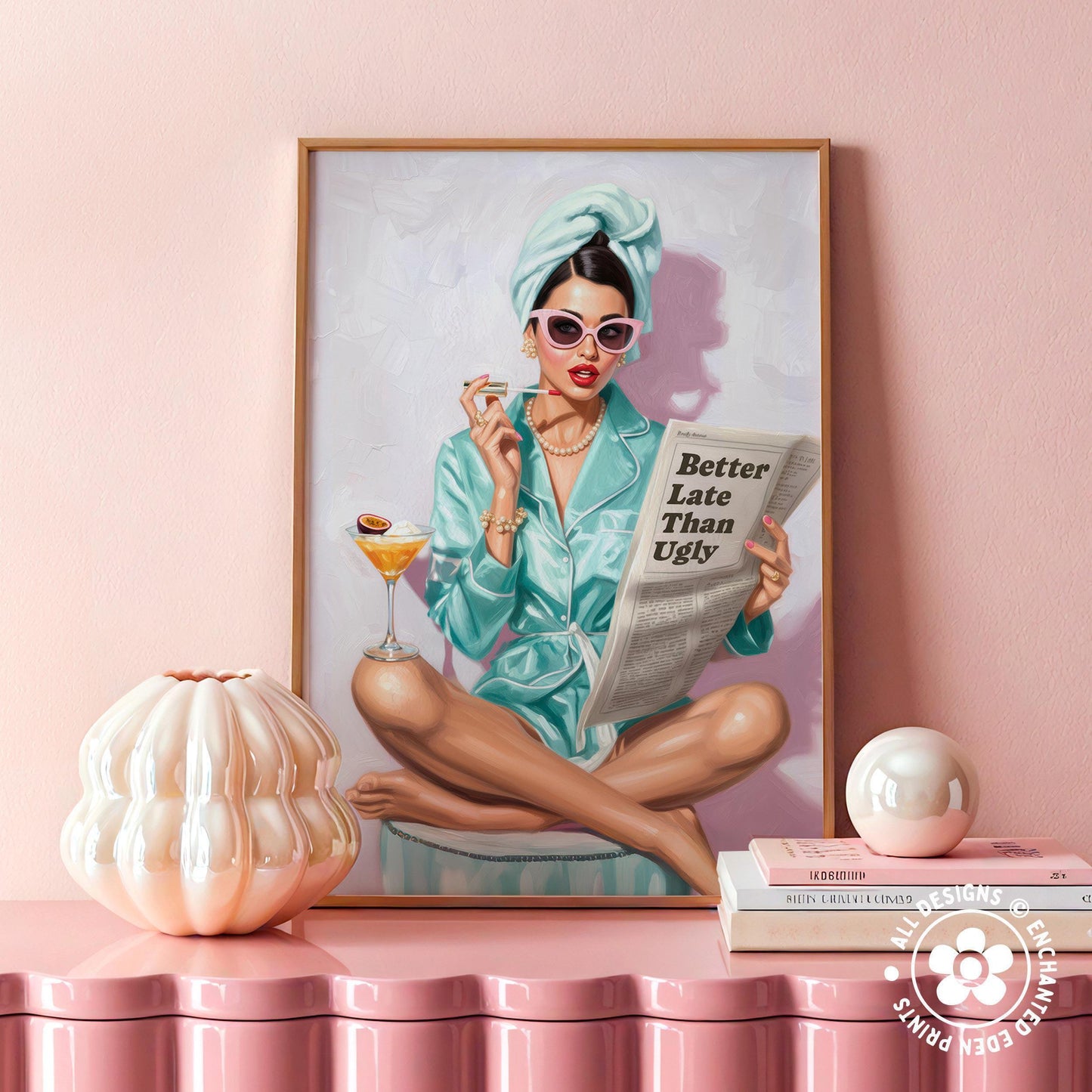Retro Coquette Wall Art – 1950s “Better Late Than Ugly” Quote Print
