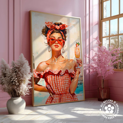 a large painting of a woman wearing a red and white checkered dress and a red headband, holding a drink in a glass. The painting is displayed on a pink wall, and there are some pink flowers and a vase nearby.