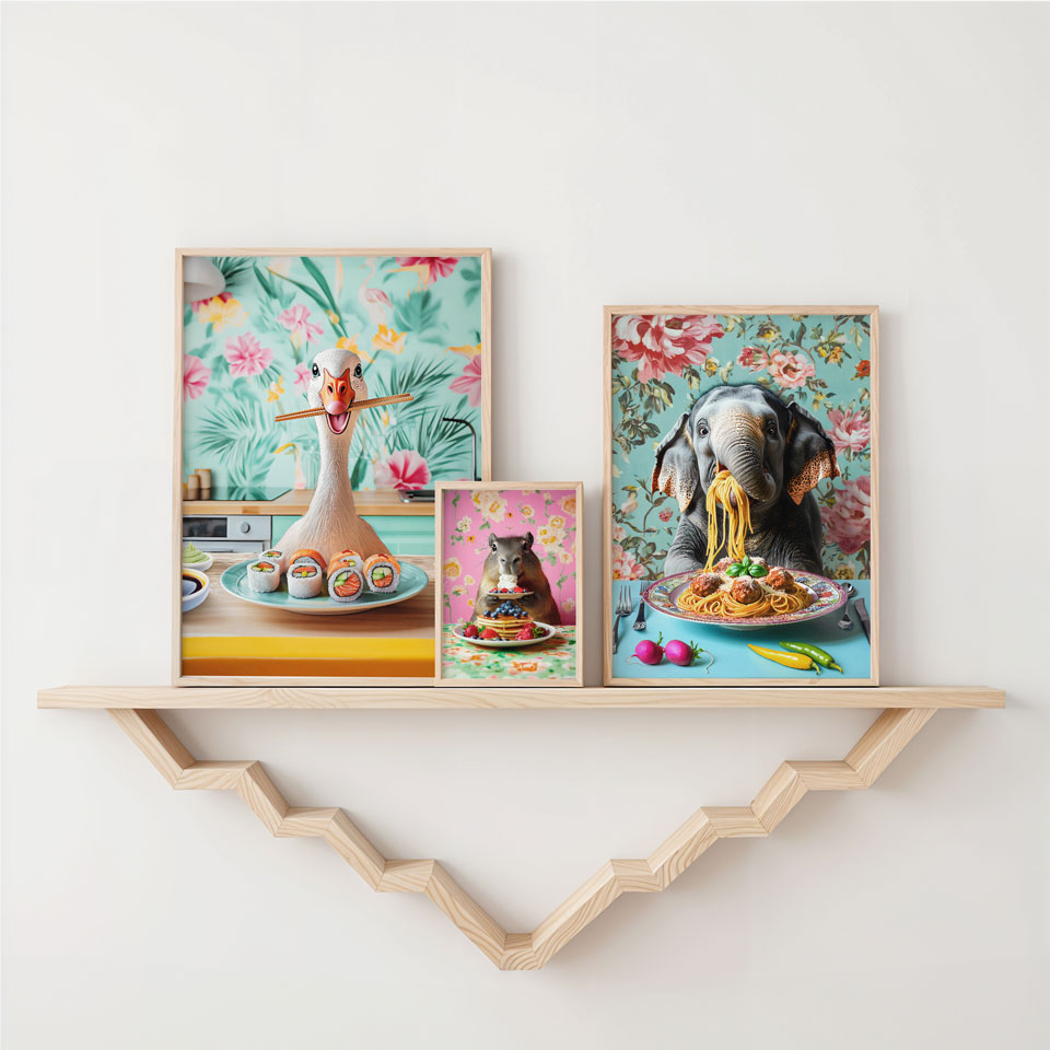 a couple of pictures on a shelf above a shelf