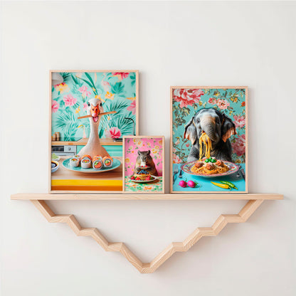 a couple of pictures on a shelf above a shelf