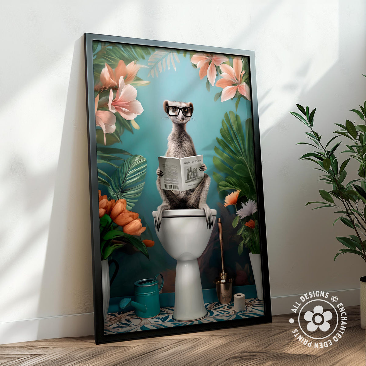A framed illustration depicting a cat sitting on a toilet and reading a newspaper, surrounded by tropical plants and flowers.