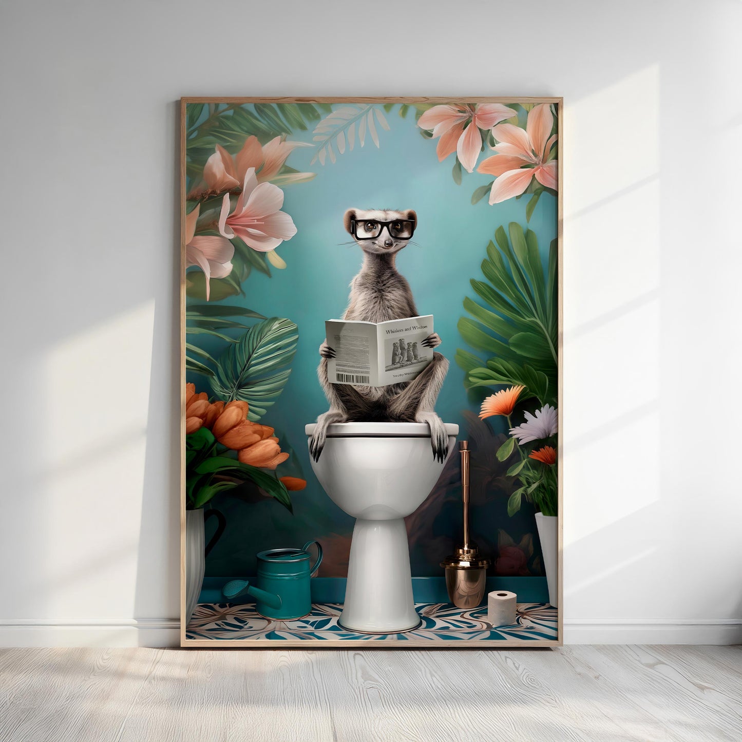 A lemur wearing glasses is sitting on a toilet and reading a newspaper, surrounded by tropical plants and flowers.