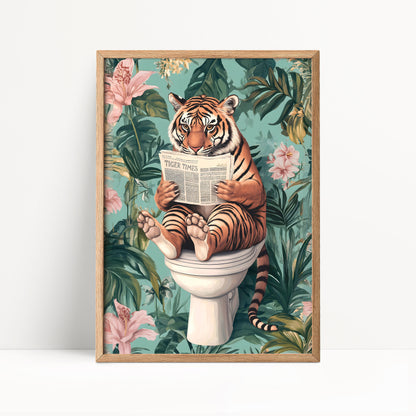 A tiger sitting on a toilet and reading a newspaper, surrounded by tropical foliage and pink flowers.