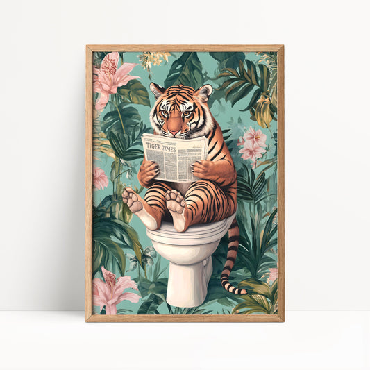 A tiger sitting on a toilet and reading a newspaper, surrounded by tropical foliage and pink flowers.