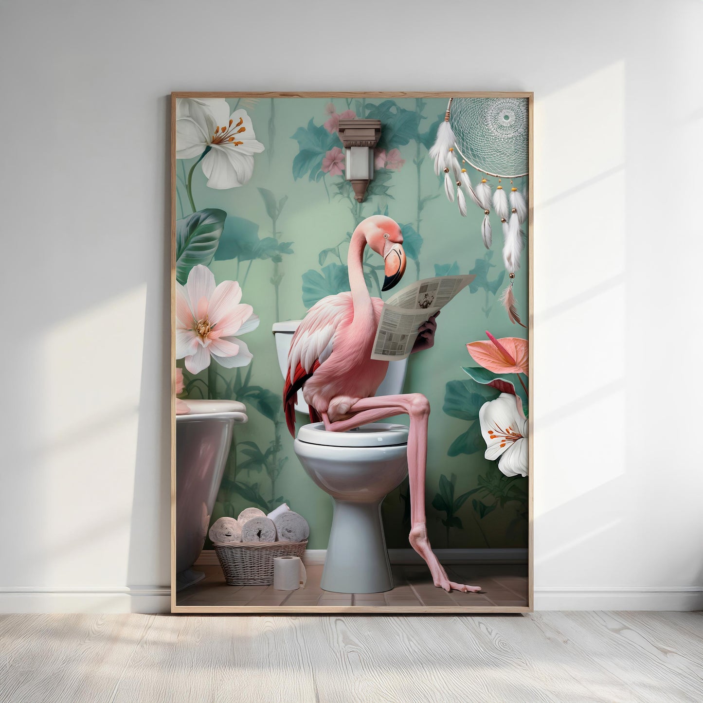 A pink flamingo sitting on a toilet and reading a newspaper in a bathroom with flowers and a dreamcatcher.