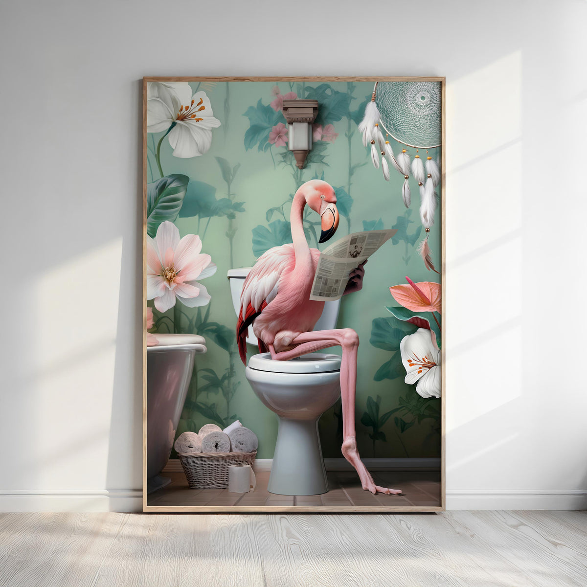 A pink flamingo sitting on a toilet and reading a newspaper in a bathroom with flowers and a dreamcatcher.