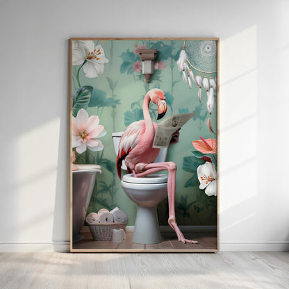 A pink flamingo sitting on a toilet and reading a newspaper in a bathroom with flowers and a dreamcatcher.