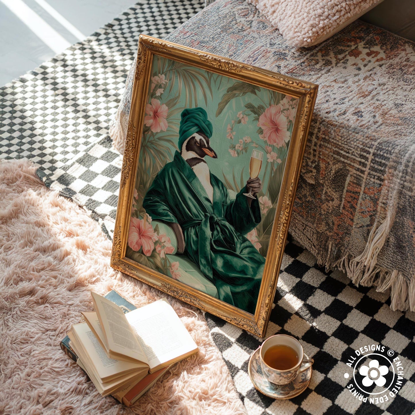 a framed painting of a penguin dressed in a green robe, holding a glass of wine, sitting on a bed with a checkered blanket. There are also some books and a cup of tea nearby, creating a cozy and relaxing atmosphere.