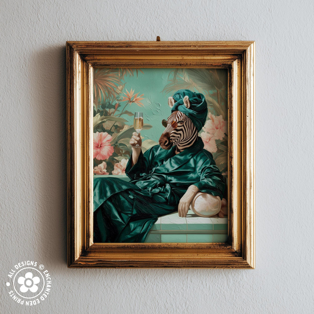 A framed painting depicting a zebra wearing a green robe and holding a glass of wine, surrounded by tropical foliage.
