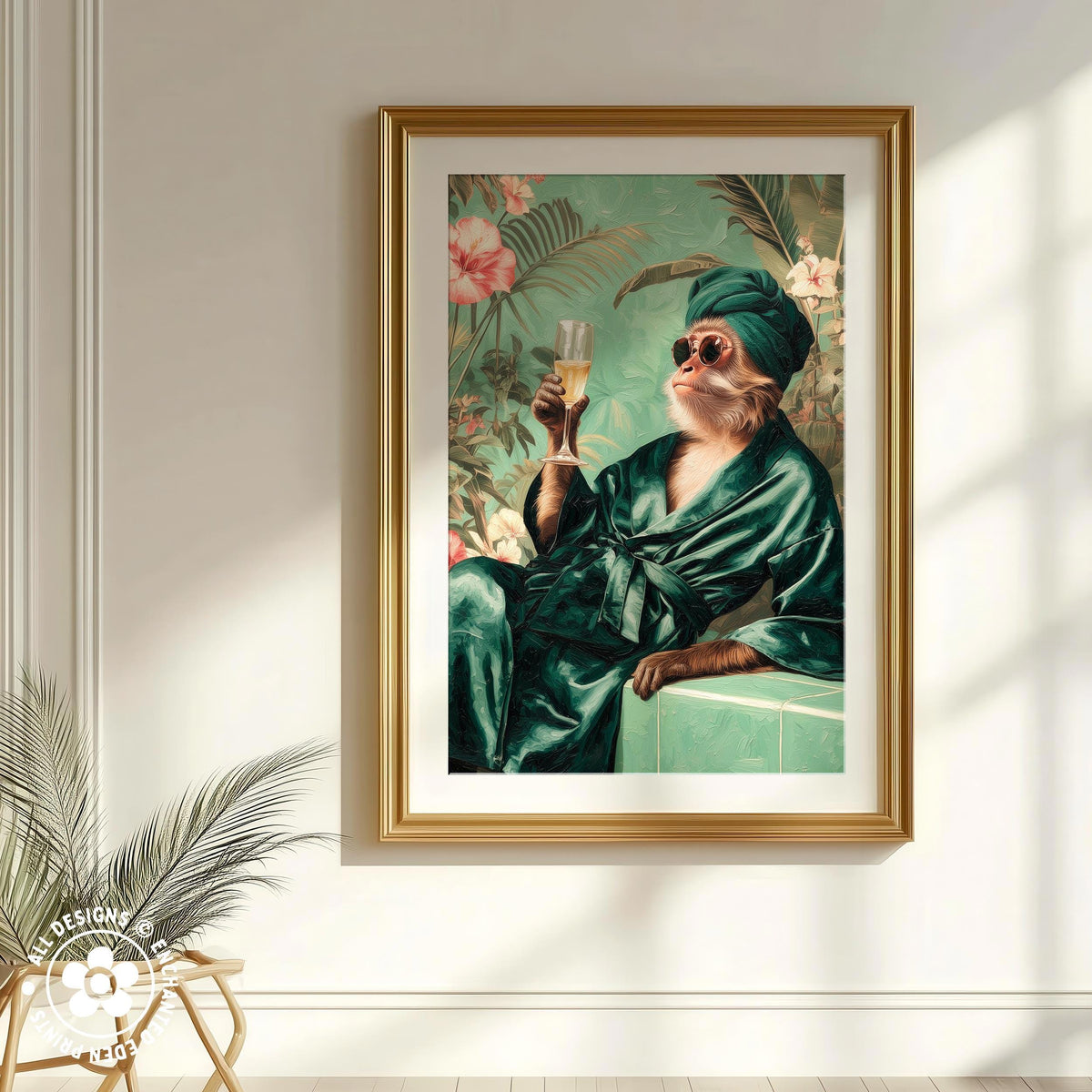 A framed painting depicting a cat wearing a green robe and sunglasses, holding a glass of wine, with a tropical background.