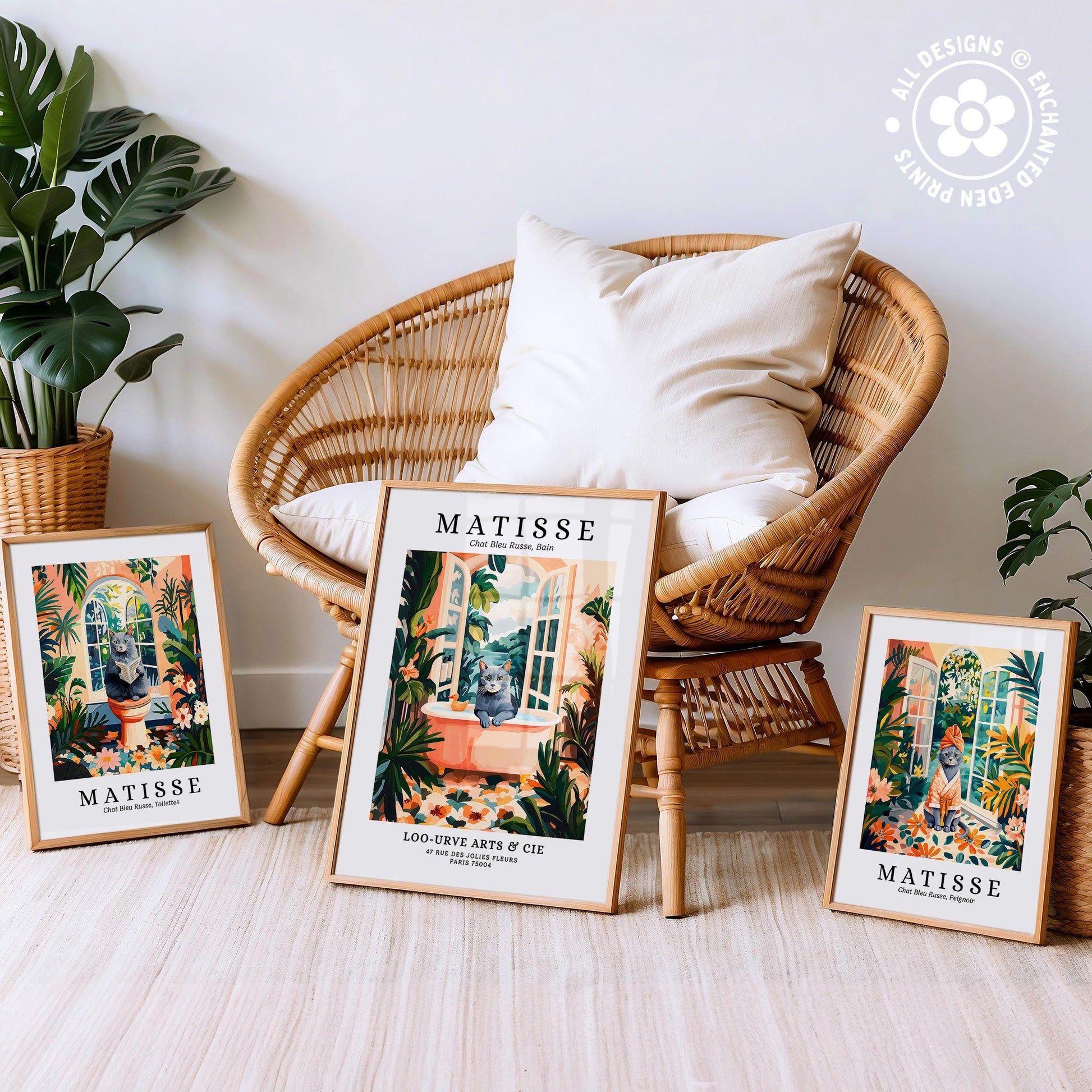 three framed prints of the famous painting "Matisse" by the artist Jean-Michel Basquiat, displayed on a white floor in front of a wicker chair.