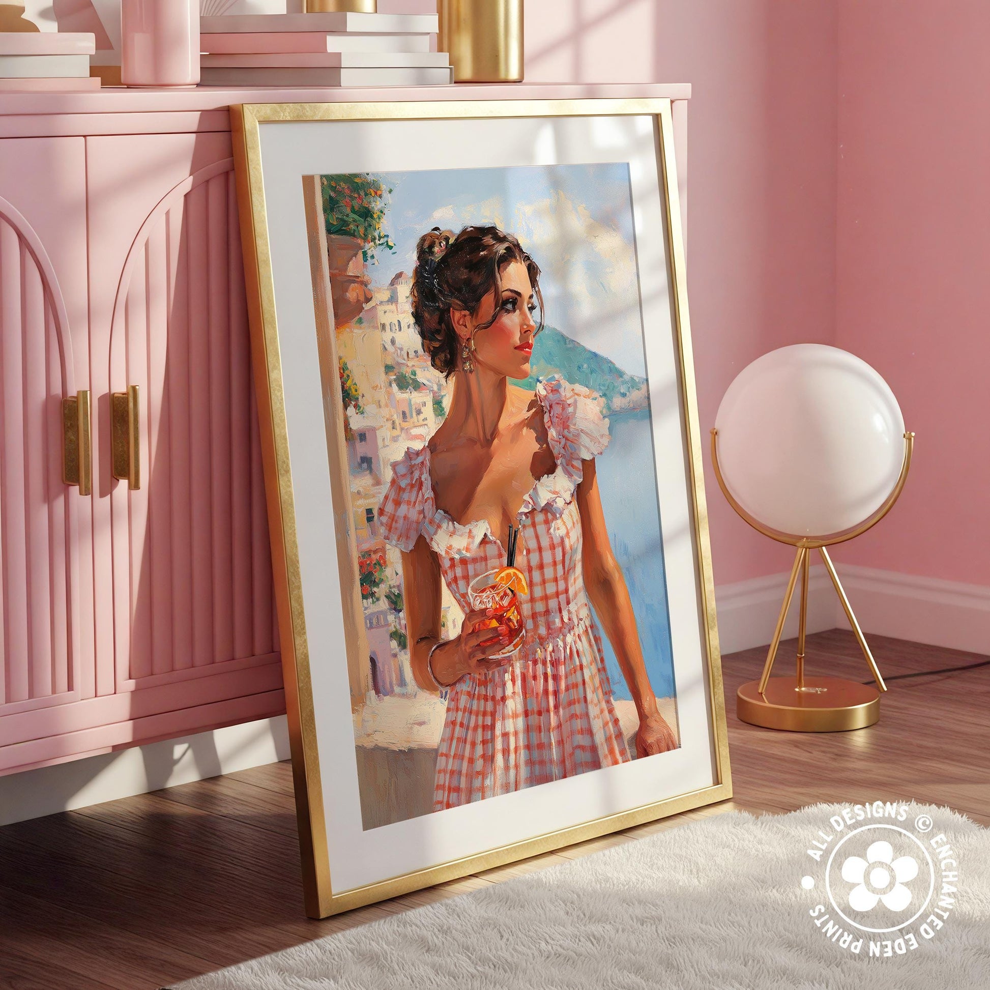 a framed painting of a woman in a pink and white checkered dress, holding a drink, with a pink cabinet and a round lamp in the background.