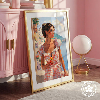 a framed painting of a woman in a pink and white checkered dress, holding a drink, with a pink cabinet and a round lamp in the background.