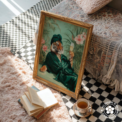 Funny Tiger in Robe Print: Green Maximalist & Jungle Safari Home Decor