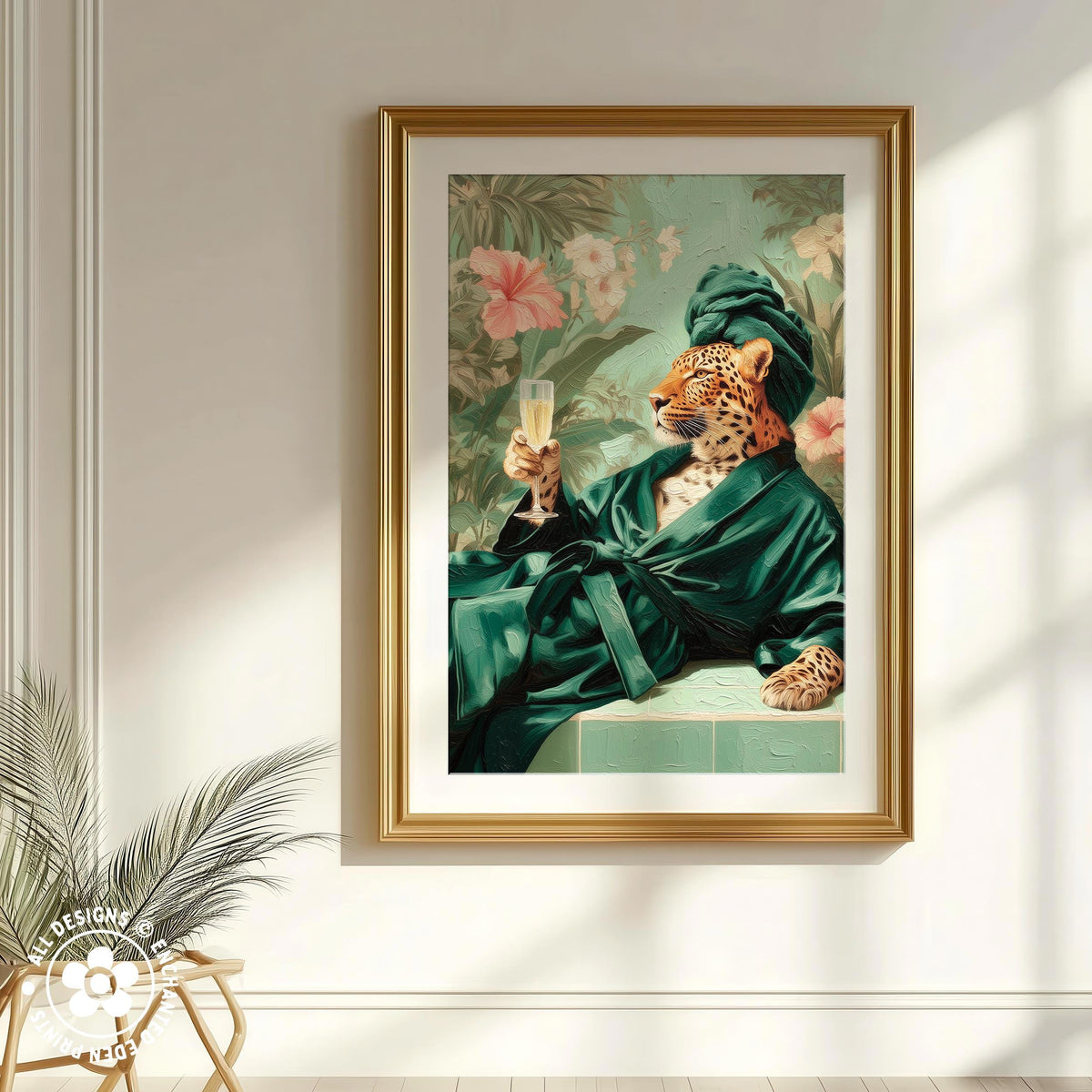 A framed painting depicting a leopard wearing a green robe and holding a glass of champagne, set against a tropical floral background.