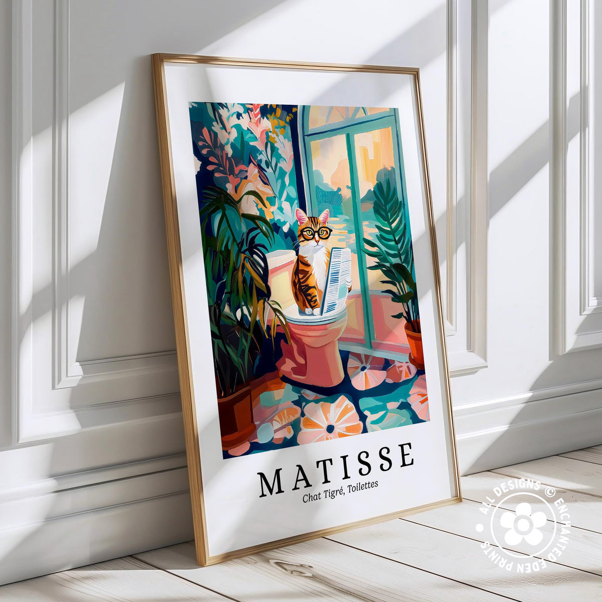 A framed poster depicting a cat sitting on a toilet in a colorful, whimsical setting with plants and flowers.