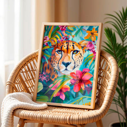 a painting of a tiger is on a wicker chair