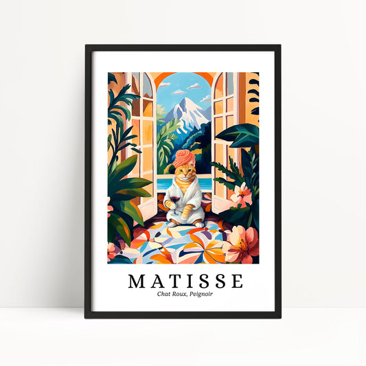 The image is a framed poster featuring a colorful illustration of a cat sitting on a patterned rug, with a tropical landscape visible through an open window in the background.