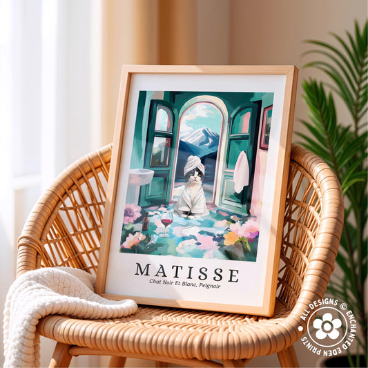 A framed print of a painting depicting a cat in a bathtub, with a scenic landscape in the background.