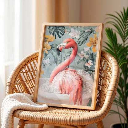 a picture of a pink flamingo in a bathtub