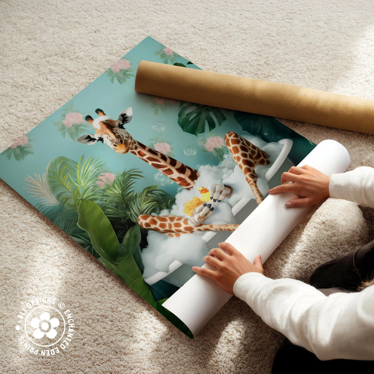 Funny Giraffe in Bath Tub Poster – Tropical Bathroom Wall Art