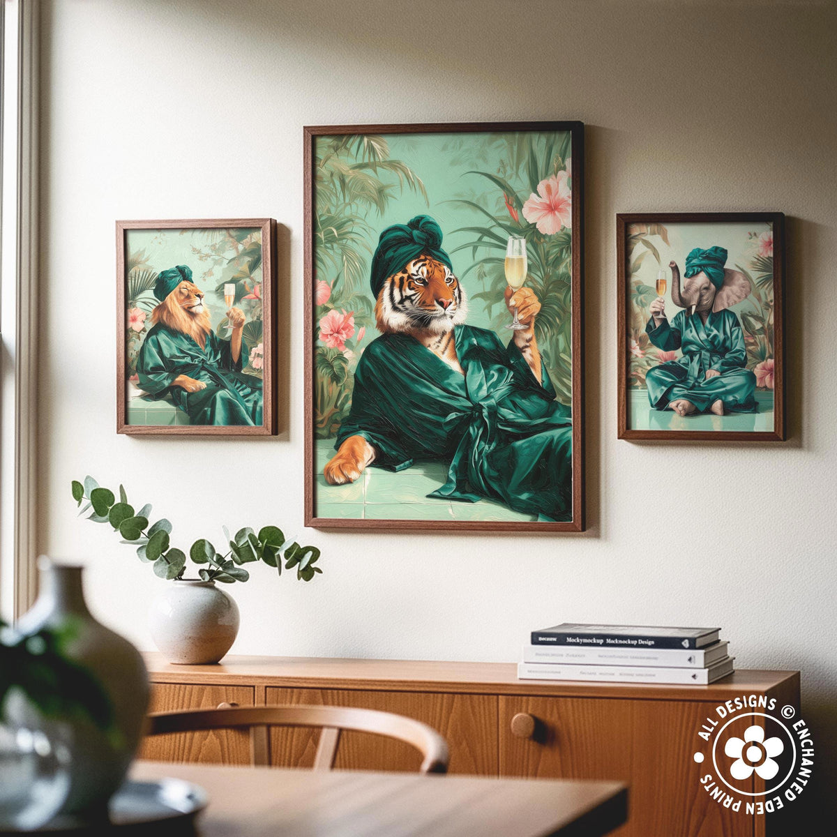 a collage of three framed artworks depicting animals dressed in green robes, including a tiger, lion, and elephant, along with a potted plant and a stack of books.