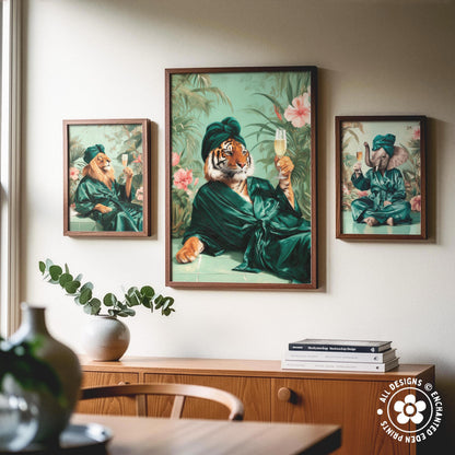 a collage of three framed artworks depicting animals dressed in green robes, including a tiger, lion, and elephant, along with a potted plant and a stack of books.