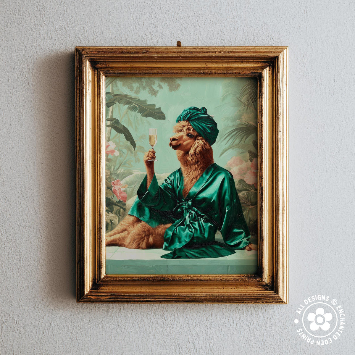 A framed print depicting a person in a green robe and turban, holding a glass of champagne, surrounded by tropical foliage.