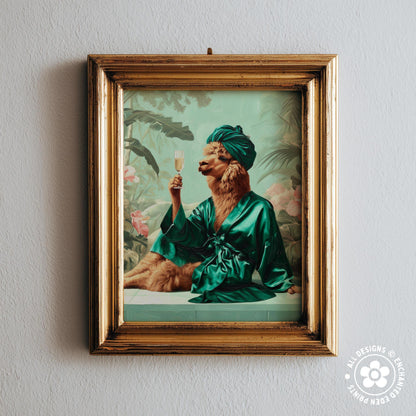 A framed print depicting a person in a green robe and turban, holding a glass of champagne, surrounded by tropical foliage.