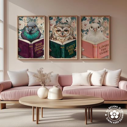 Funny Owl Reading Book Art – Quirky Bird Lover Wall Decor
