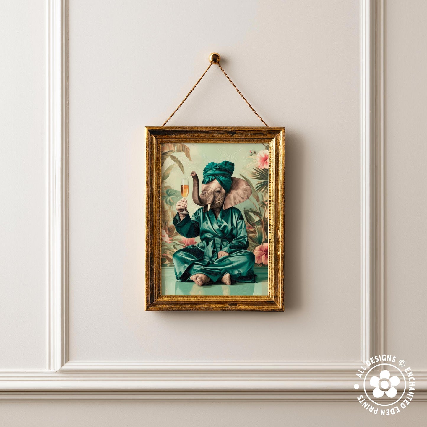 a framed painting of an elephant wearing a green robe and holding a drink, set against a tropical background.
