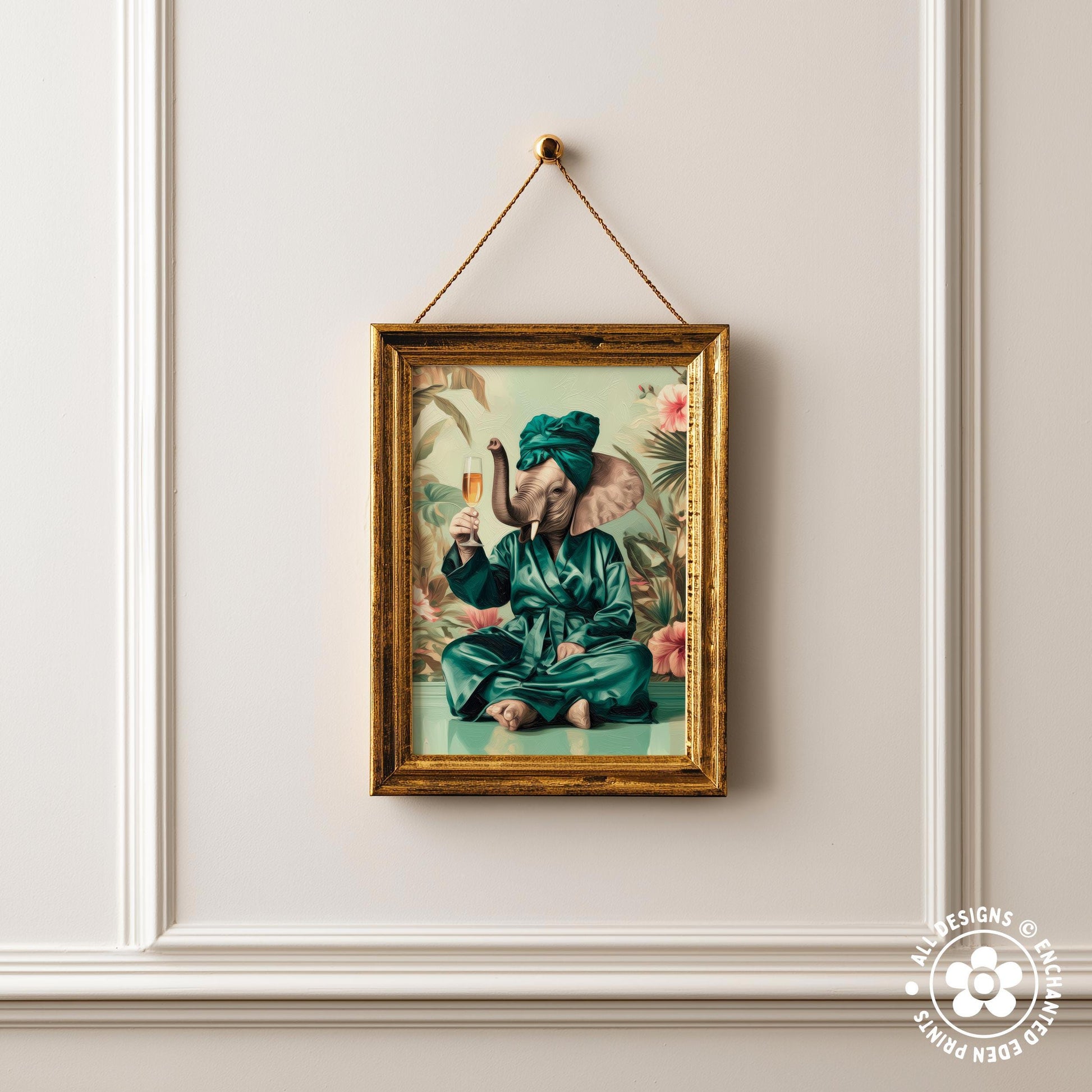 a framed painting of an elephant wearing a green robe and holding a drink, set against a tropical background.
