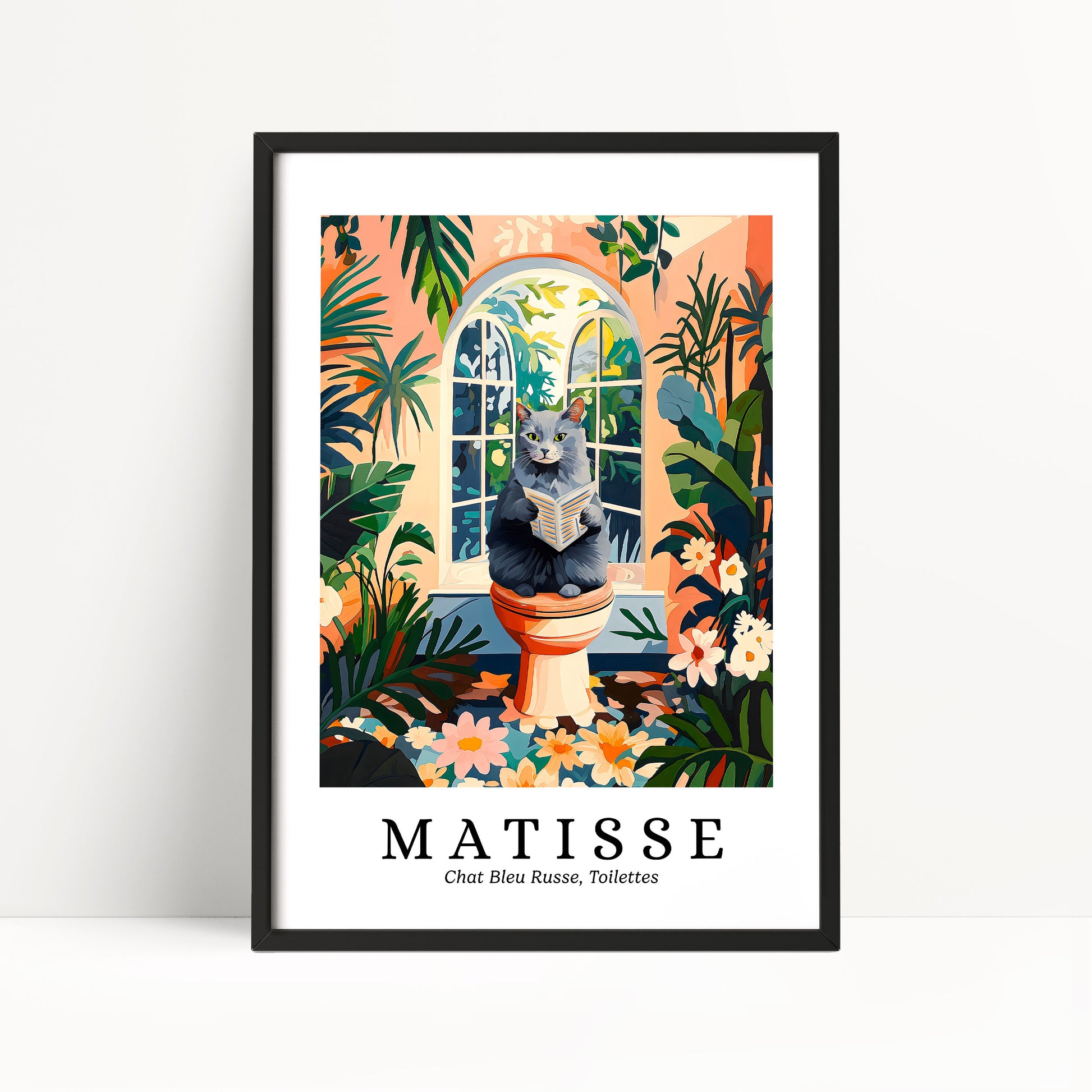 The image is a framed poster featuring an illustration of a cat sitting on a toilet bowl, surrounded by tropical plants and flowers.
