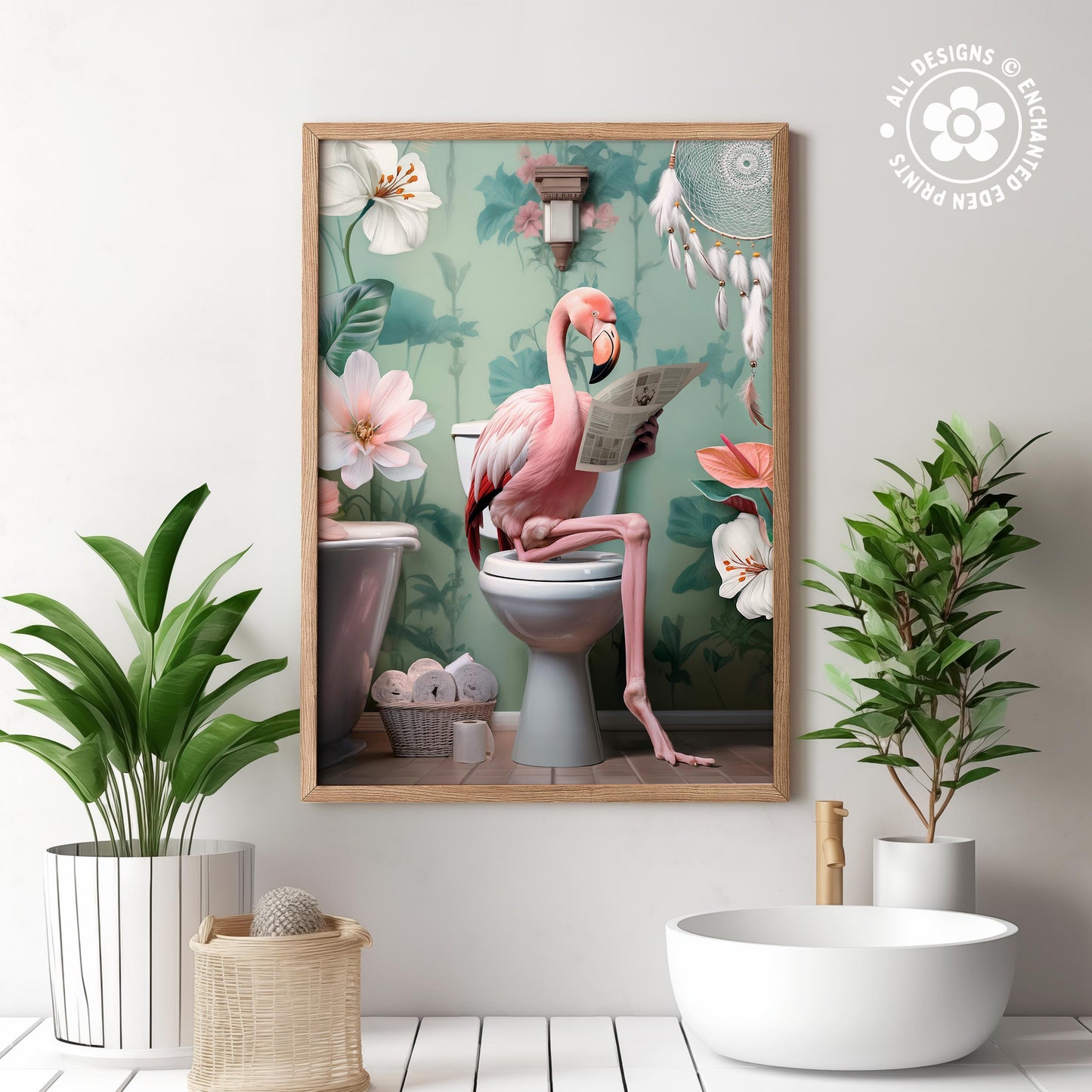 a pink flamingo sitting on a toilet in a bathroom, surrounded by various plants and flowers.